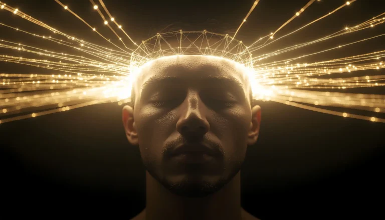 Cinematic close-up of a man with a crown of golden light around his head, symbolizing human intelligence and systems thinking.