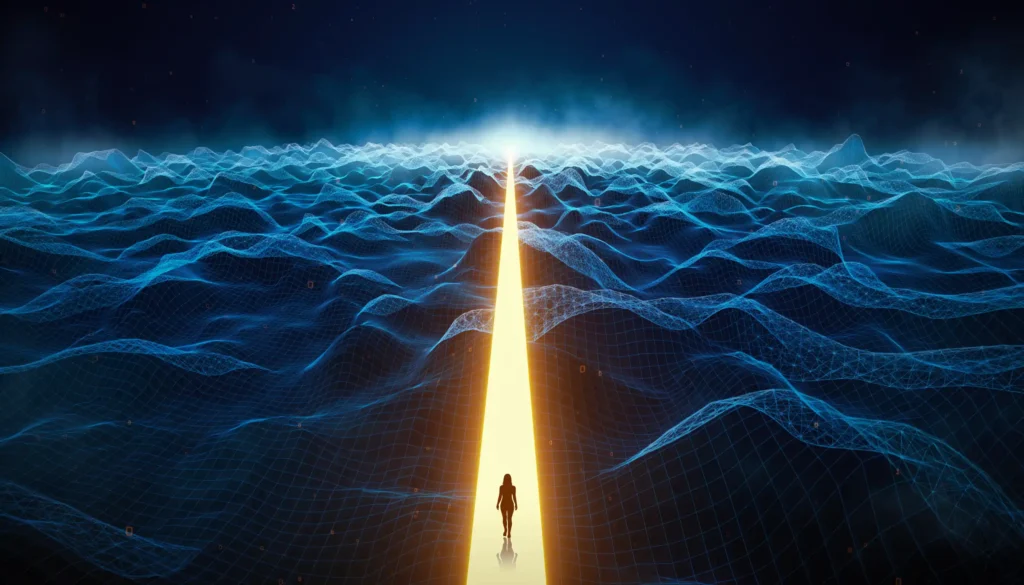 Silhouette-walking-along-a-glowing-path-through-a-digital-ocean-symbolizing-context-guiding-intelligence