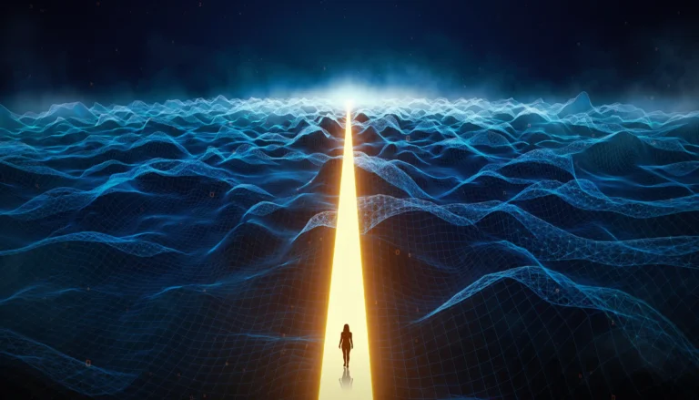 Silhouette-walking-along-a-glowing-path-through-a-digital-ocean-symbolizing-context-guiding-intelligence