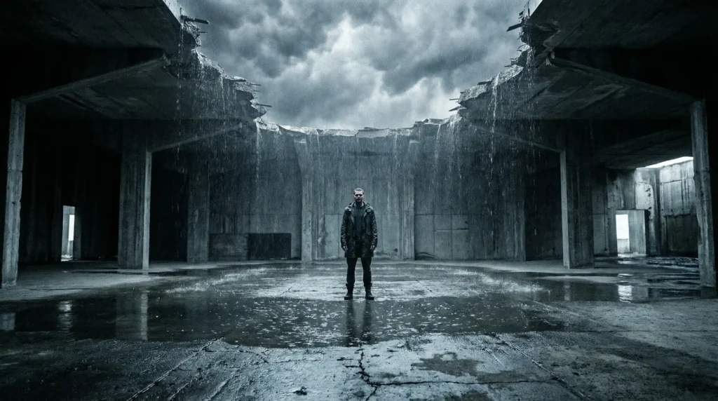 A cinematic wide shot of a solitary figure standing in a vast, dark, brutalist concre