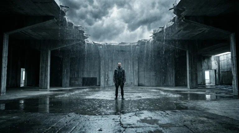 A cinematic wide shot of a solitary figure standing in a vast, dark, brutalist concre